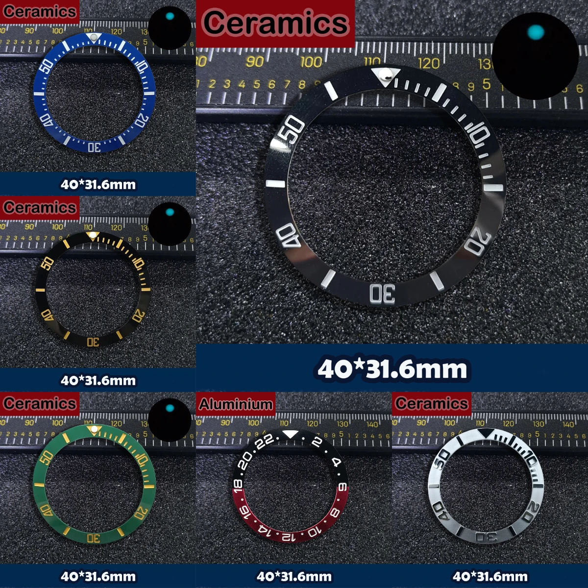 40x31.6mm Sloping Ceramic Watch Bezel Insert, Green Lume Diver Replacement Ring Mod Parts