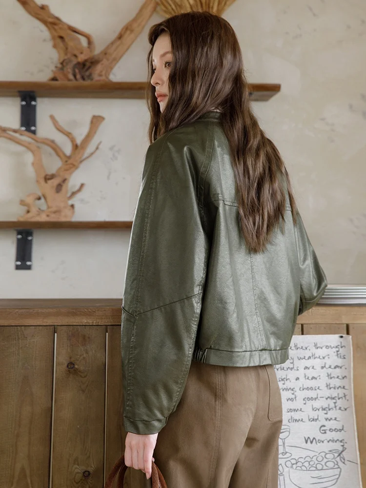 

Mlife Sli Retro Olive een Biker Leather Jaet Women's oulder Sve Zipper ort Length Windproof Coat