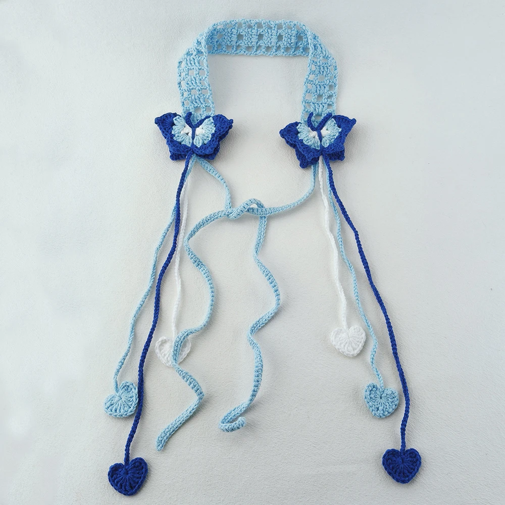 عصابة رأس على شكل فراشة زرقاء كروشيه مع رباط شعر بشراشيب الحب للنساء والفتيات وإكسسوارات الشعر المصنوعة يدويًا #3