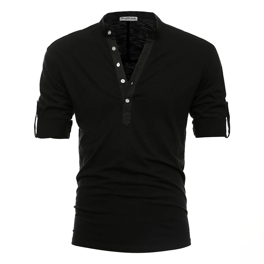 

New Summer Solid Color Stand Collar T-Shirt Men Cotton Middle Sleeve Men's T Shirts Quality Casual Tee Shirt Male Men Clothing