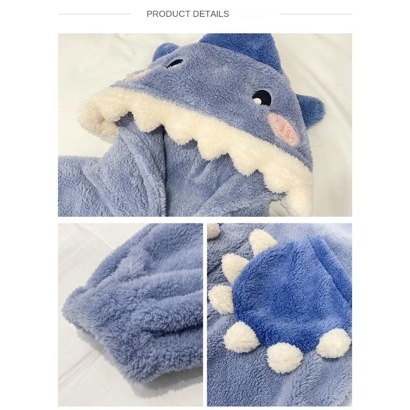 Connected body pajamas autumn and winter padded and thickened warm hooded robe students small shark Winter coral velvet pajama s