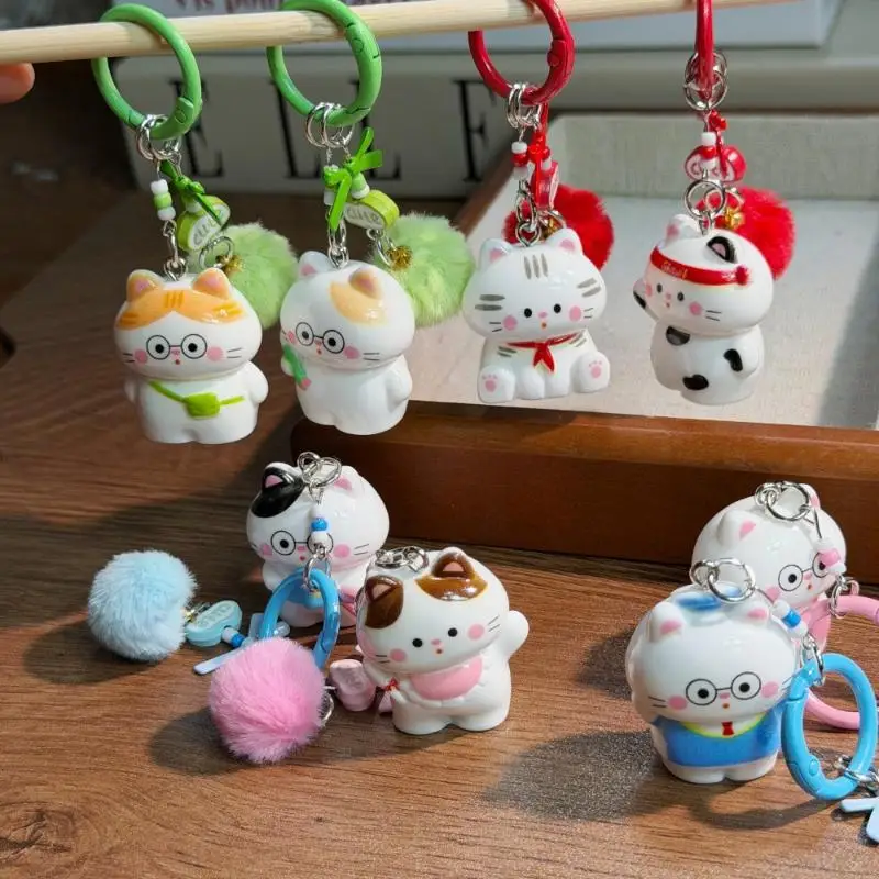Cute Resin Cartoon Cat Keychain With Fluffy Pom Pom Perfect For Backpack Decor And Cat Lovers Birthday Gift