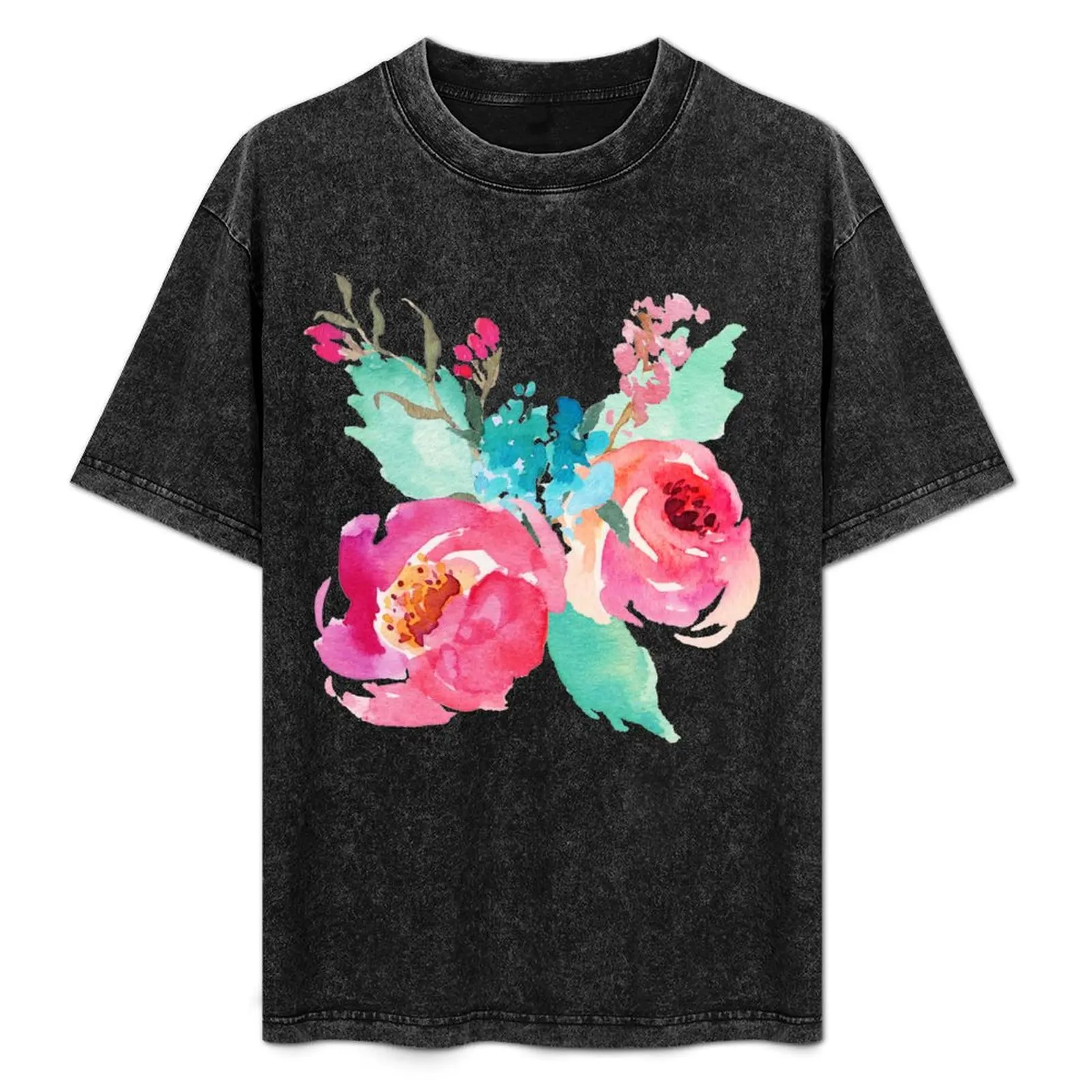 

Футболка с акварельным принтом: разноцветные розовые коралловые и бирюзовые цветы, легкая футболка с принтом