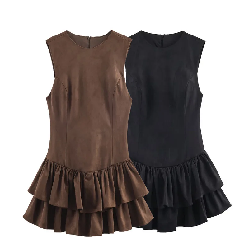 

Женское новое модное элегантное многослойное замшевое платье без рукавов с круглым вырезом, тонкий многослойный сексуальный жилет с оборками, мини-женское платье