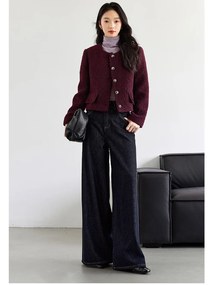 VIMLY سترة الشتاء للنساء 2025 خمر بورجوندي س الرقبة تويد سترات قصيرة أنيقة الصوف مزيج مبطن معاطف السيدات M9320 #5