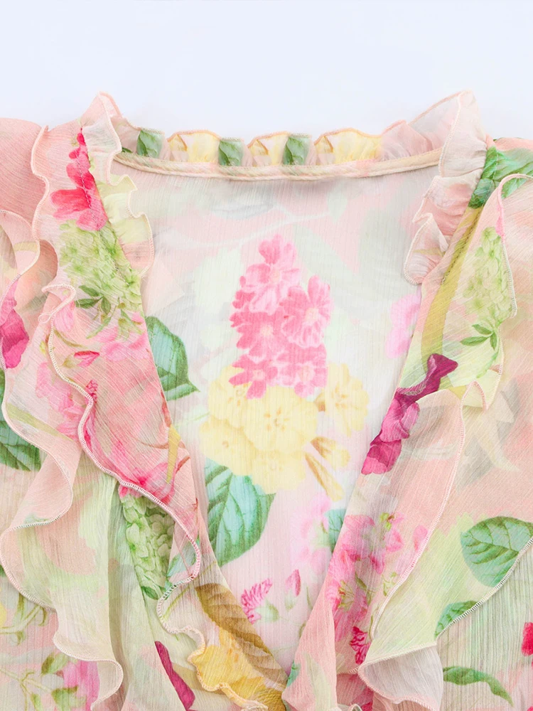 Ropa de verano de estilo europeo y americano para mujer, camisa de manga larga con decoración en capas y estampado de flores versátil, nuevo estilo
