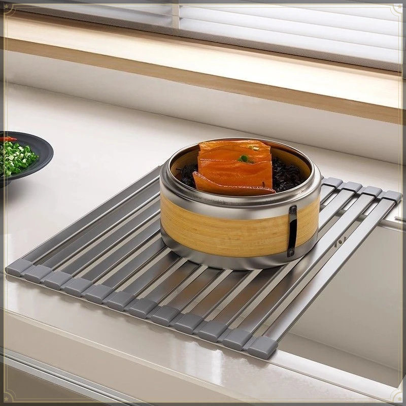 Roll Up Sink Drain Rack Carbon Steel Foldable Countertop Draining Multifunctional Strong Load Bearing Kitchen Sink Organizer