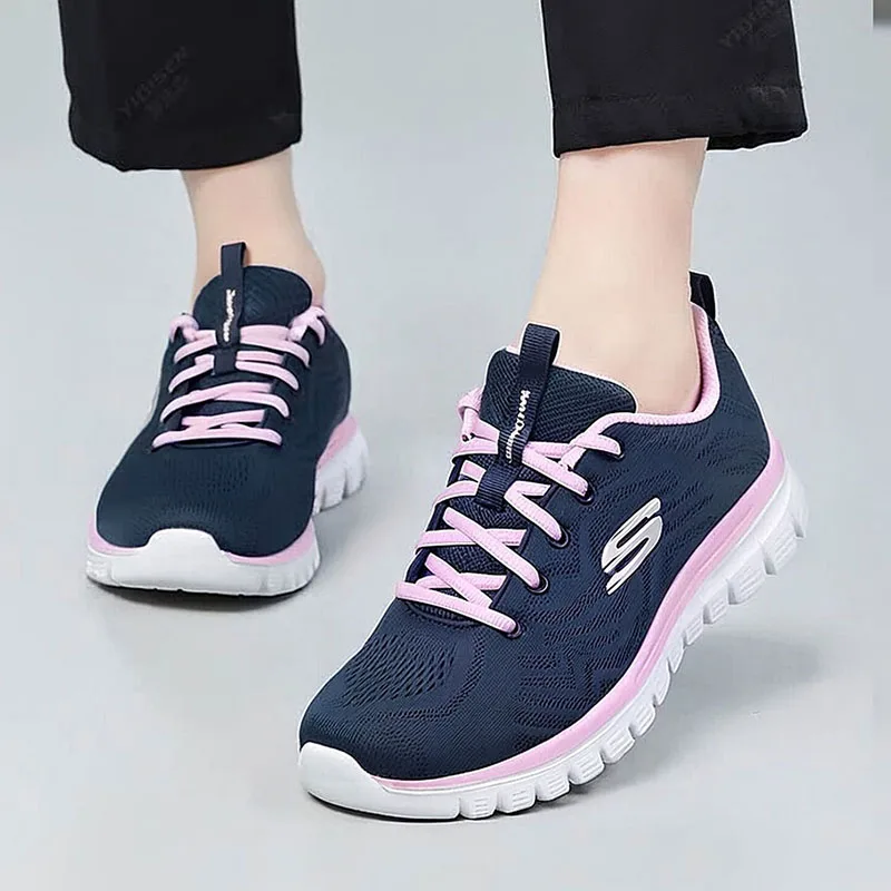 Skechers 12615‑NVHP Women Running Shoes Navy Blue Pink Lightweight Breathable Comfort Sneakers