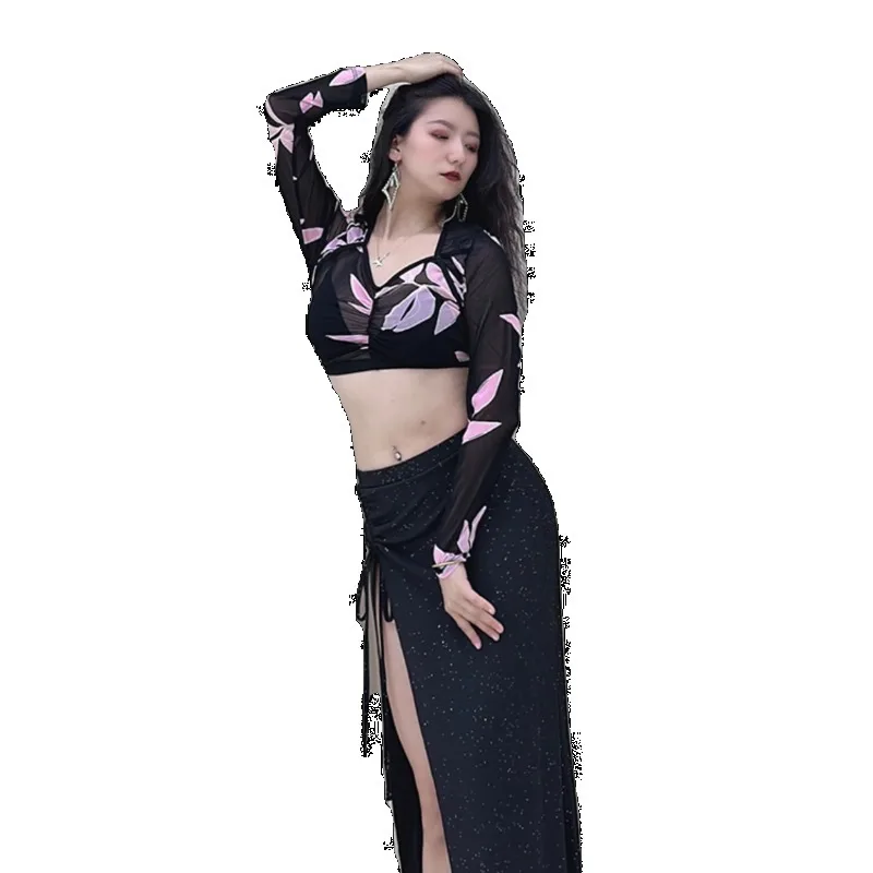 customized belly dance costumes practice outfit black powder leaf mesh long sleeved top silver sprinkled long skirt plus size