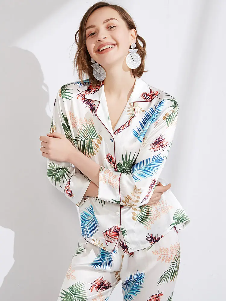 100% Mulberry Silk Floral Women's Pajama Long Sleeve Lapel Collar Tops & Long Pants Smooth Sleepwear Comfortable Homewear Pj Set
