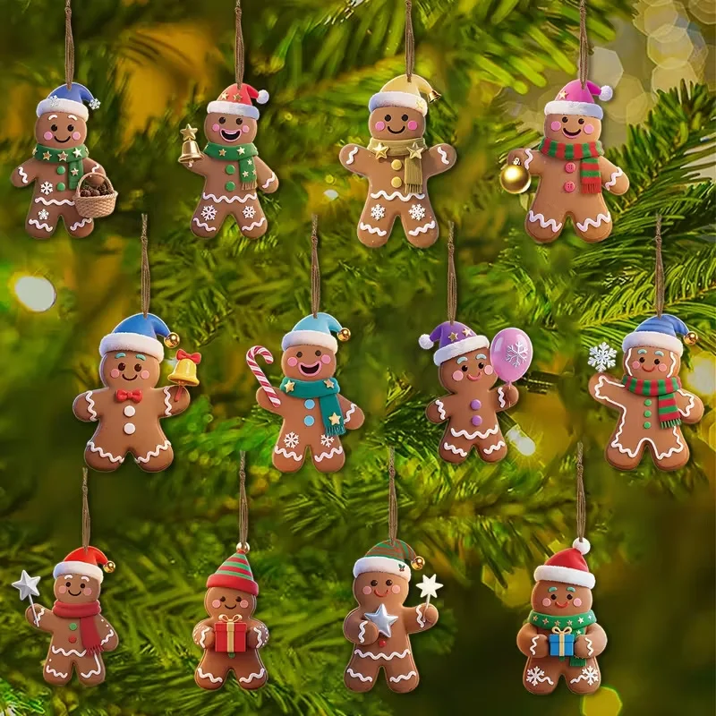 

12/24pcs Christmas Gingerbread Man Ornaments Xmas Tree Wooden Hanging Pendants 2026 New Year Party Home Decoration Kids DIY GIft