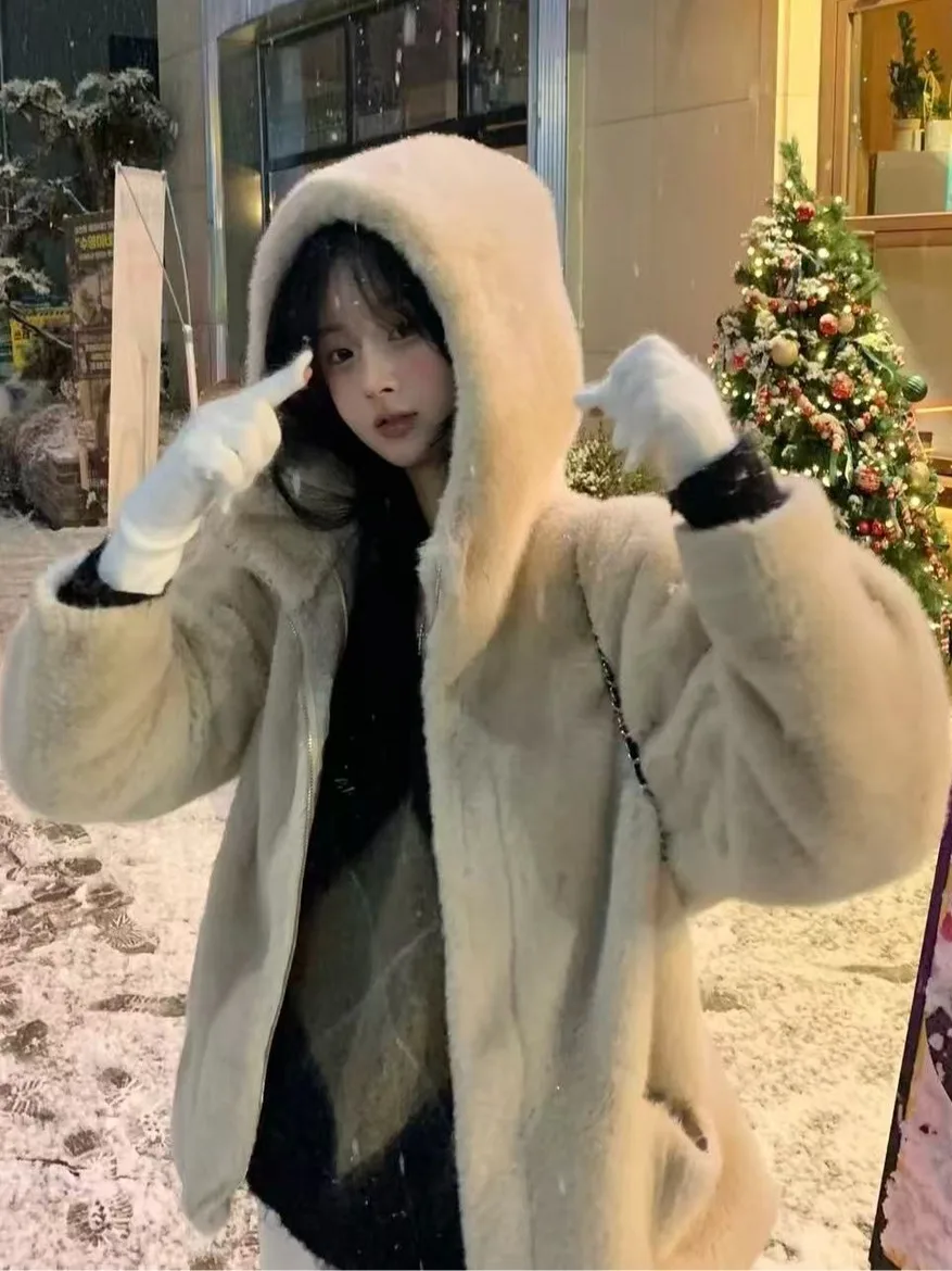 Abrigo coreano Sle redondo Ne con forro de piel, sombrero de cuero integrado, abrigo ort holgado para mujer, cierre de cremallera, prendas de vestir exteriores de invierno