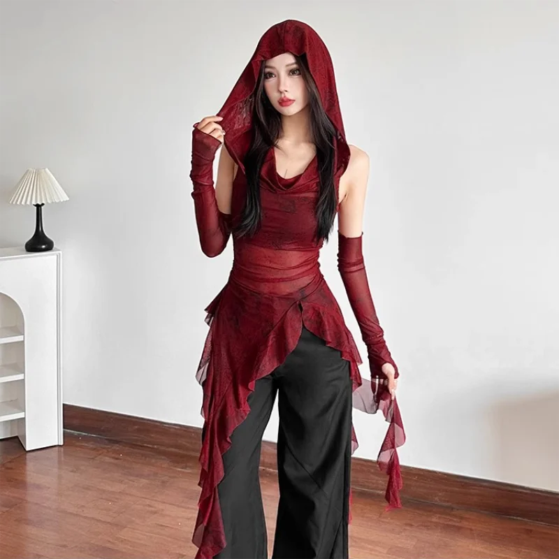 Vintage Gothic Hooded T Shirts Women Sexy See Through Slim Y2K Tees Streetwear Harajuku with Sleeves Female Irregular Tops