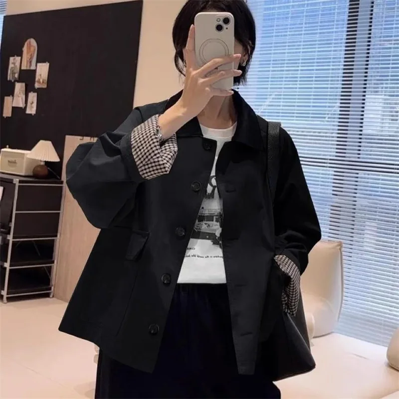 

Women Winter Coats Contrast Plaid Single-breasted Loose Khaki Trench Coat Casual Joker High-grade Short Coat Woman Coat Women