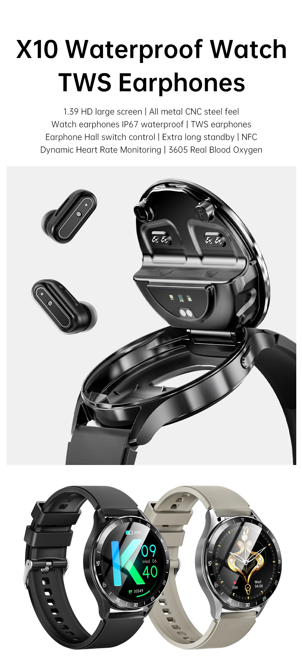 GEJIAN New Earphone Smart Watch TWS 2-in-1 Wireless Bluetooth Dual Earphone Connection Mobile Fitness Sports Men Smart Watches