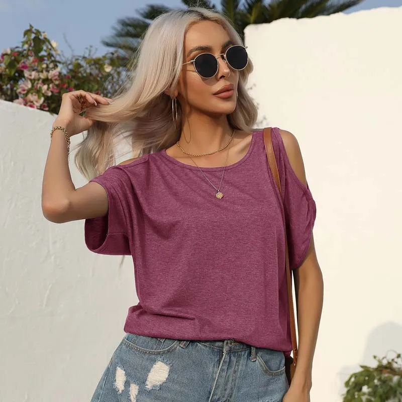 Women's O Neck Cold Shoulder Casual Tops Solid Short Sleeve Blouse T-shirts