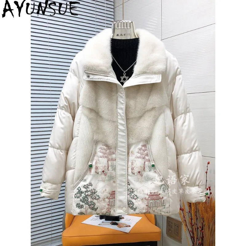 AYUNSUE Women's Down Jackets Embroidered Patchwork Mink Fur Coat Warm Women Winter Jacket High Quality Woman Clothes Ropa Mujer