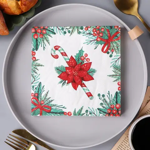 Christmas Disposable Paper Napkins Poinsettia Candy Cane Holly Berry Print Paper Napkins for Xmas Dinner Table Home Party Decor
