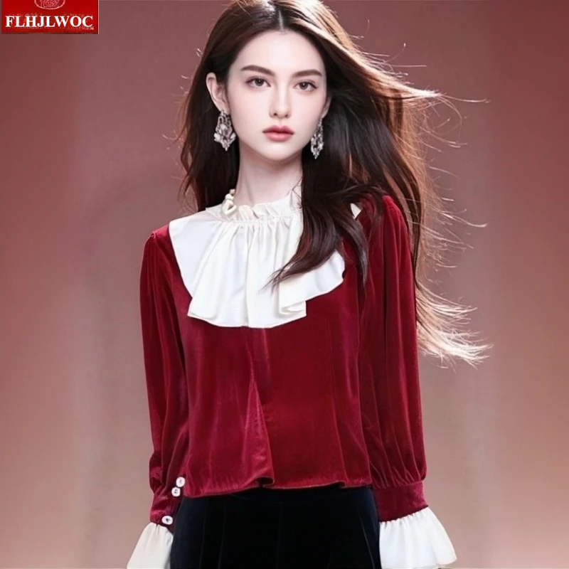 

Новогодние рождественские красные топы, блузки, новые модные женские осенне-зимние базовые рубашки с длинными рукавами, элегантные женские рубашки в стиле ретро с оборками