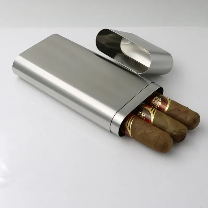 304 Stainless Steel Cigar Box Case Holder 3 Pcs Cigars Pipe Tubes Smoking Storage Humidor Accessories 173x70x26mm