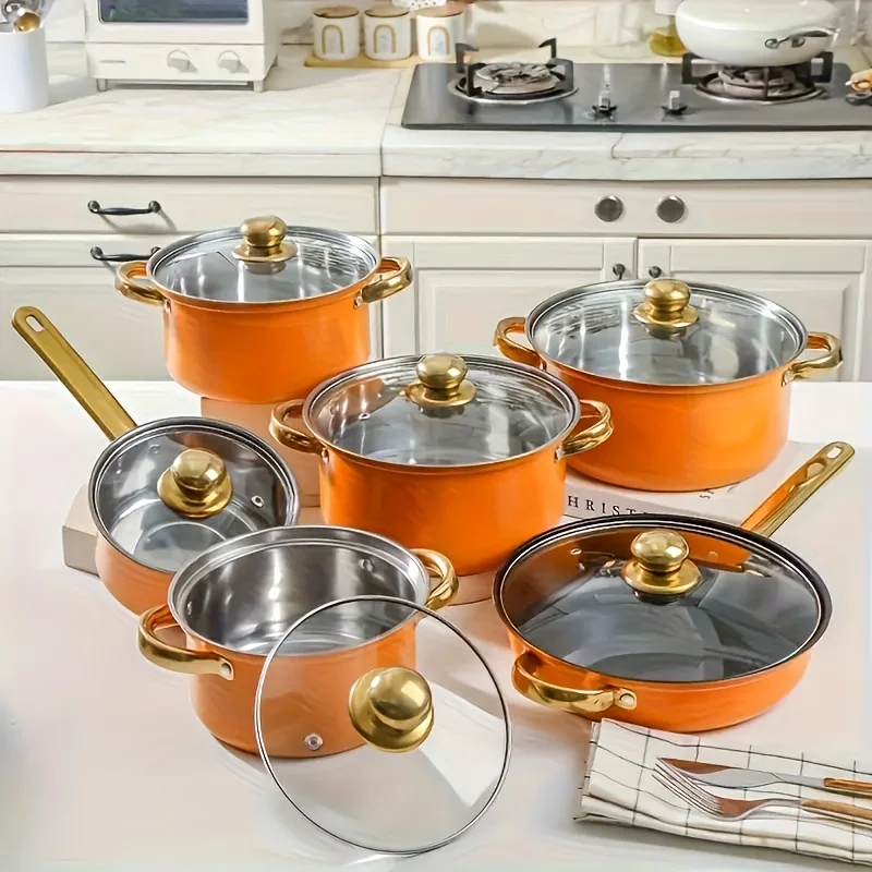 

12-piece stainless steel cookware set.This 410-grade rust-resistant kitchen cookware is suitable for gas stoves electric stoves.