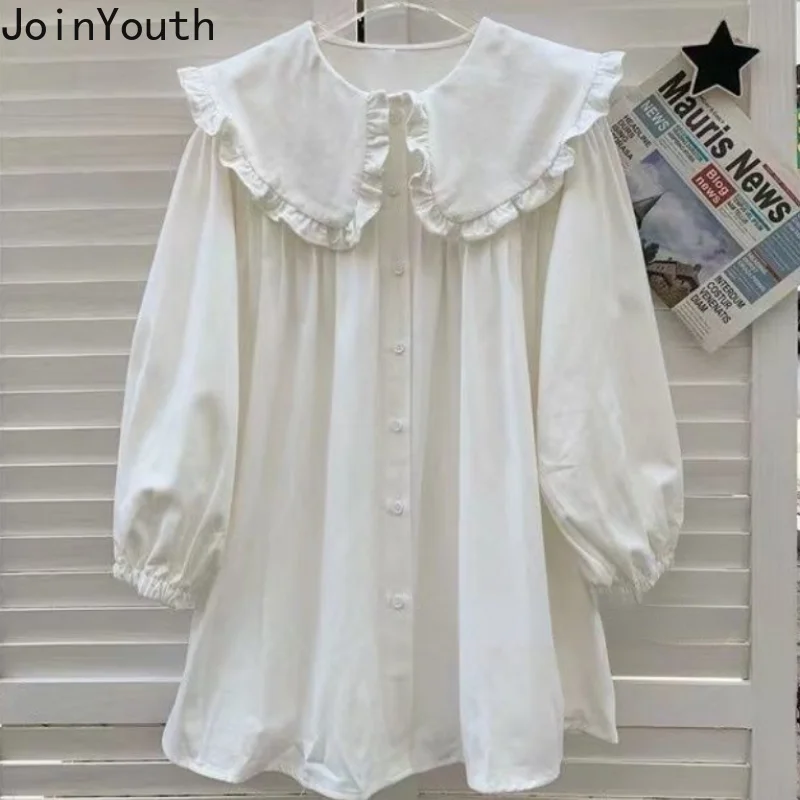 Dresses for Women Ruffles Peter Pan Collar Long Sleeve Oversized Robe Femme A-line Sweet Shirt Dress 2023 Vestidos De Mujer