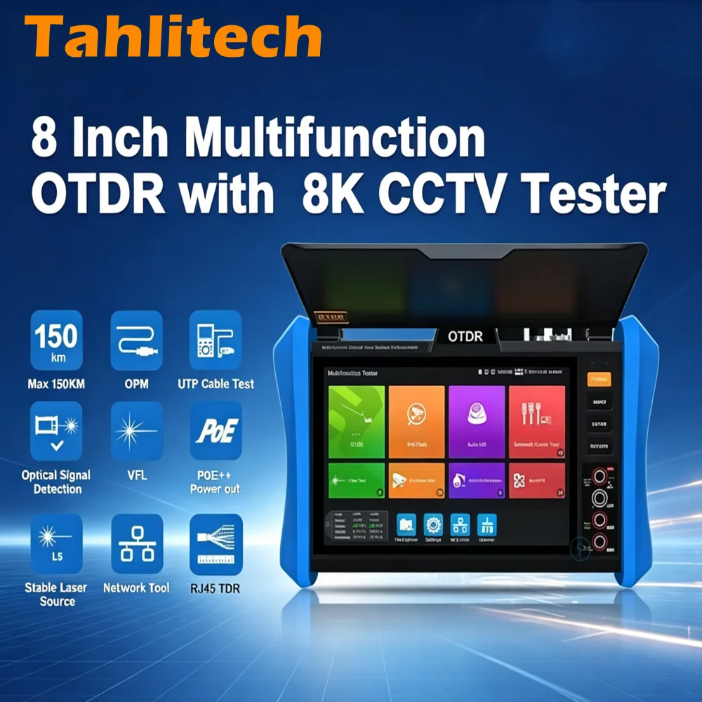 OTDR + CCTV Tester 8 Inch Touch screen built-in camera combined with 8K H.265 CCTV came Tester IP SFP OPM VFL Fiber Cable Tester