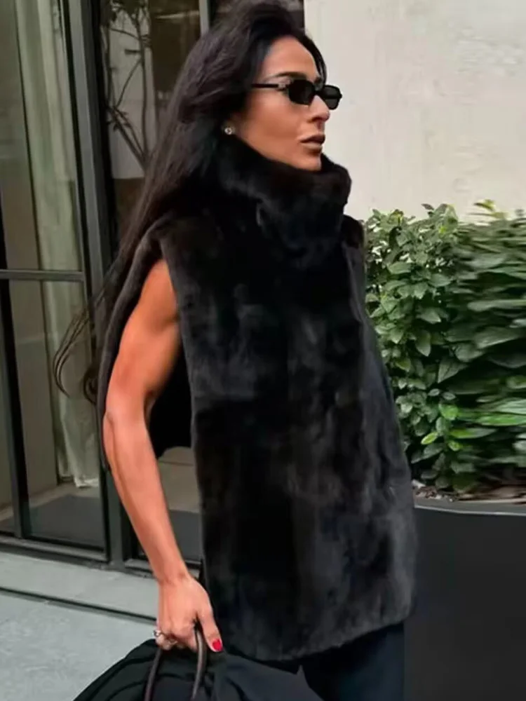 HH المرأة الدافئة عادية أكمام عالية الرقبة سترة الرجعية فو الفراء تأثير شال قصير الشتاء النساء موضة 3-اللون الصلبة شال