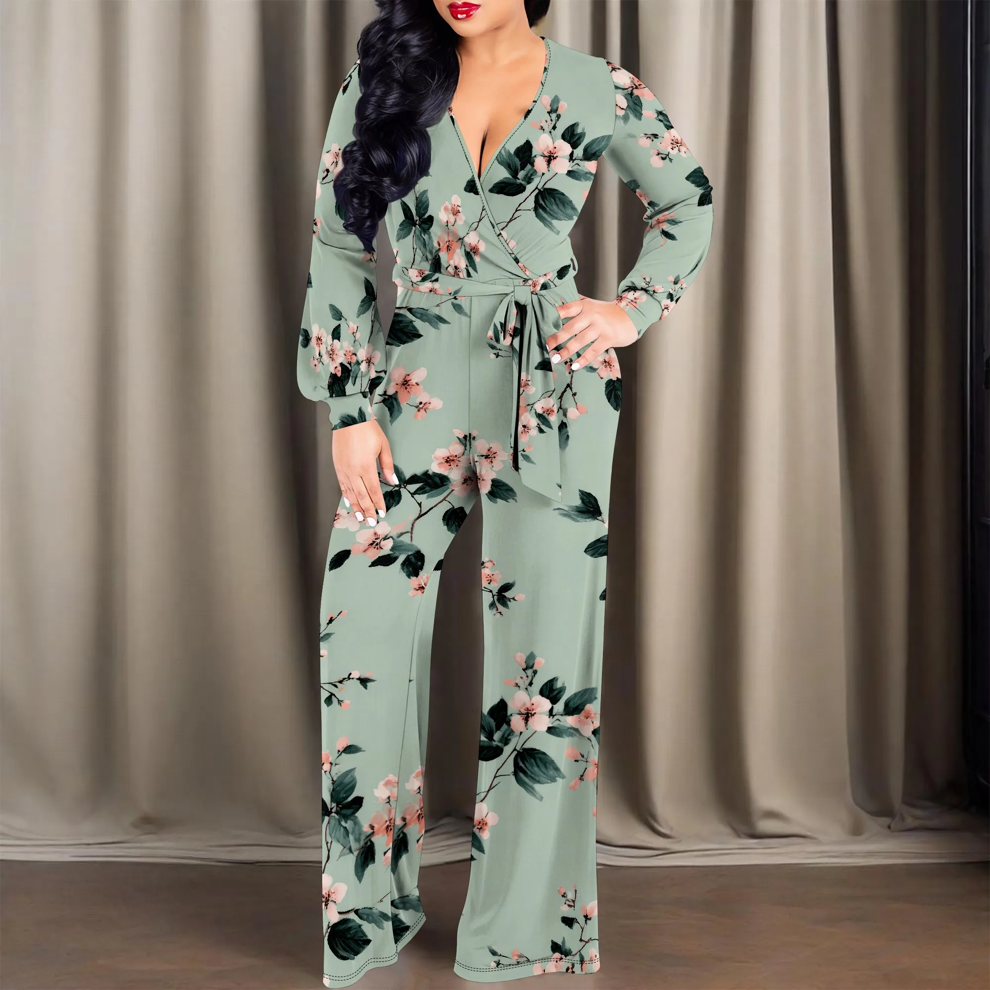 Macacões femininos elegantes negócios casual botão para baixo decote em v alça de manga comprida calças compridas retas com bolsos