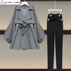 Large Women's Autumn Set 2023 New Slim Korean Windbreaker Coat Slim Fit Waist Tight Pants Two Piece Set Fashion