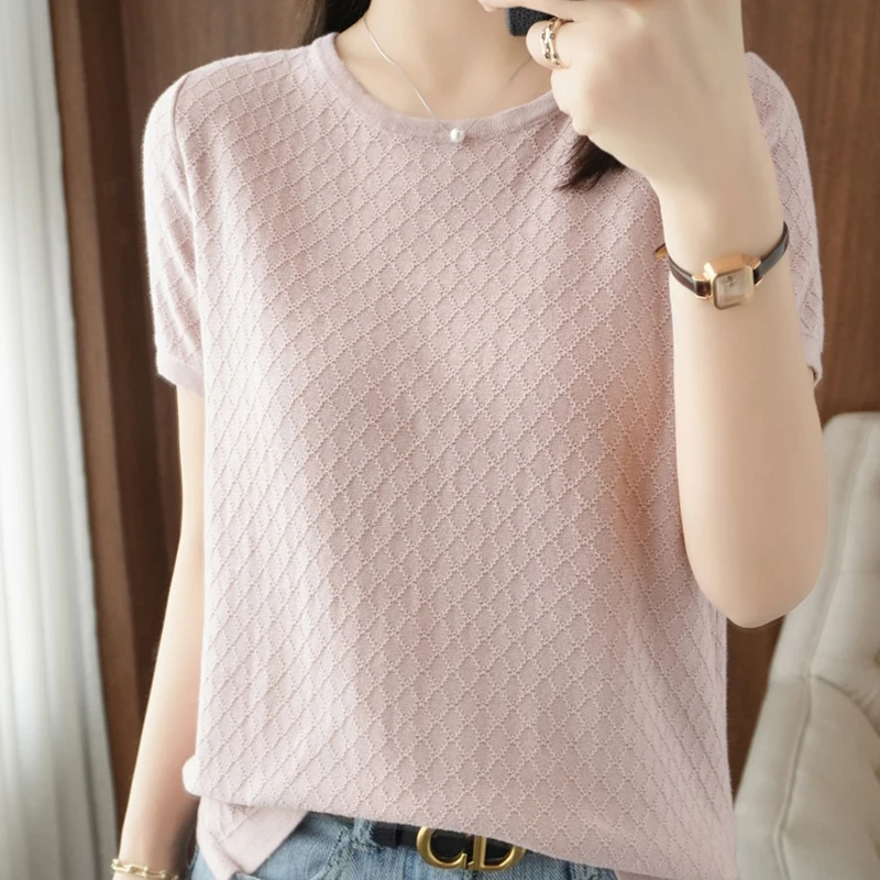 Plaid Knitted T Shirt Women Short Sleeve O-Neck Tee Shirt Korean Fashion Womens Clothing T Shirts Summer Tops Camisetas Mujer