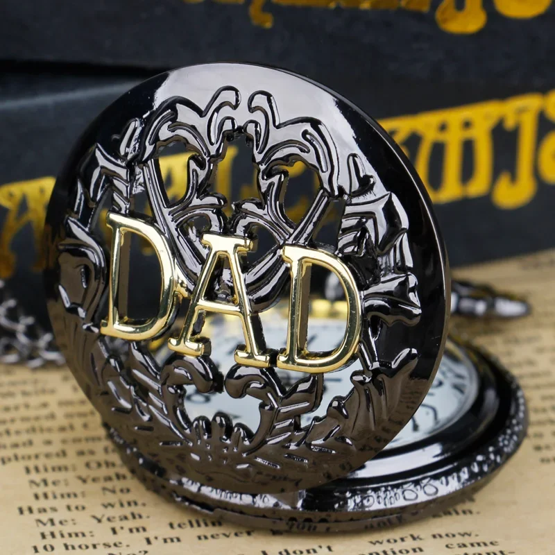 "Dad" Uitgehold Snijwerk Eenvoudig Sfeervol Kwarts Zakhorloge Met Zwarte Ketting Horloge Hanger Cadeau