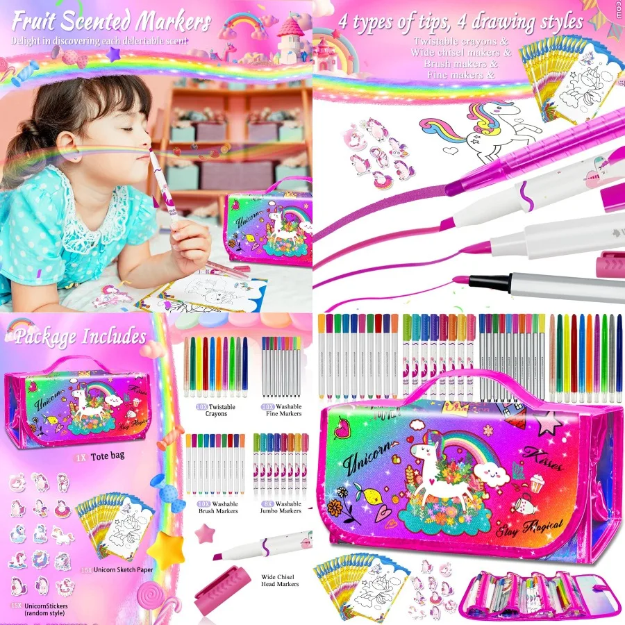 

Набор моющихся ароматических маркеров из 70 шт. с блестящим пеналом для детей 4-6-8 лет Русалка Единорог Искусство и ремесла Раскраска Drawi