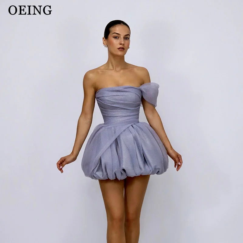 

OEING Sparkly A-Line Mini Prom Dress Strapless Draped Pleats One Shoulder Party Dresses Vestidos De Fiesta Customized