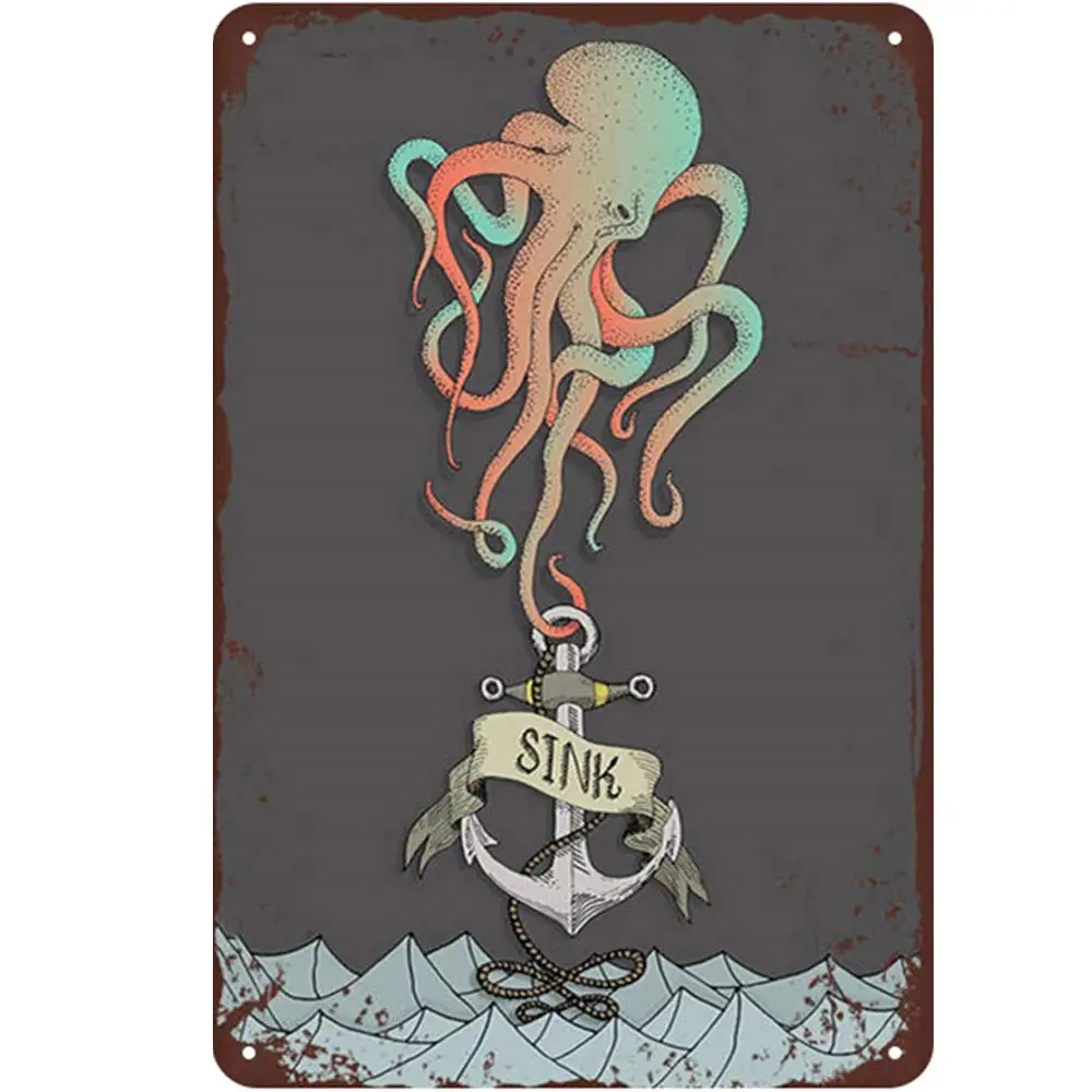 

Retro Design Octopus and Iron Anchor Tin Metal Signs Wall Art | Thick Tinplate Print Poster Wall Decoration for Garage