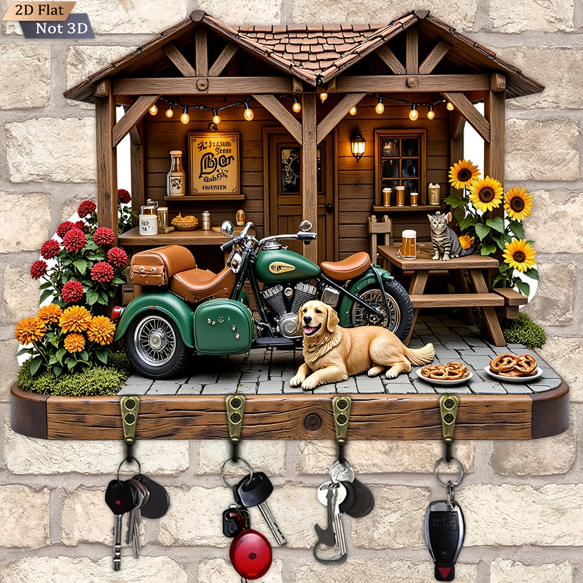 2D Flat, 1pc, Wooden House Motorcycle Style Key Hook Wooden Multifunctional Home Key Rack, with Four Metal Hooks, Wall