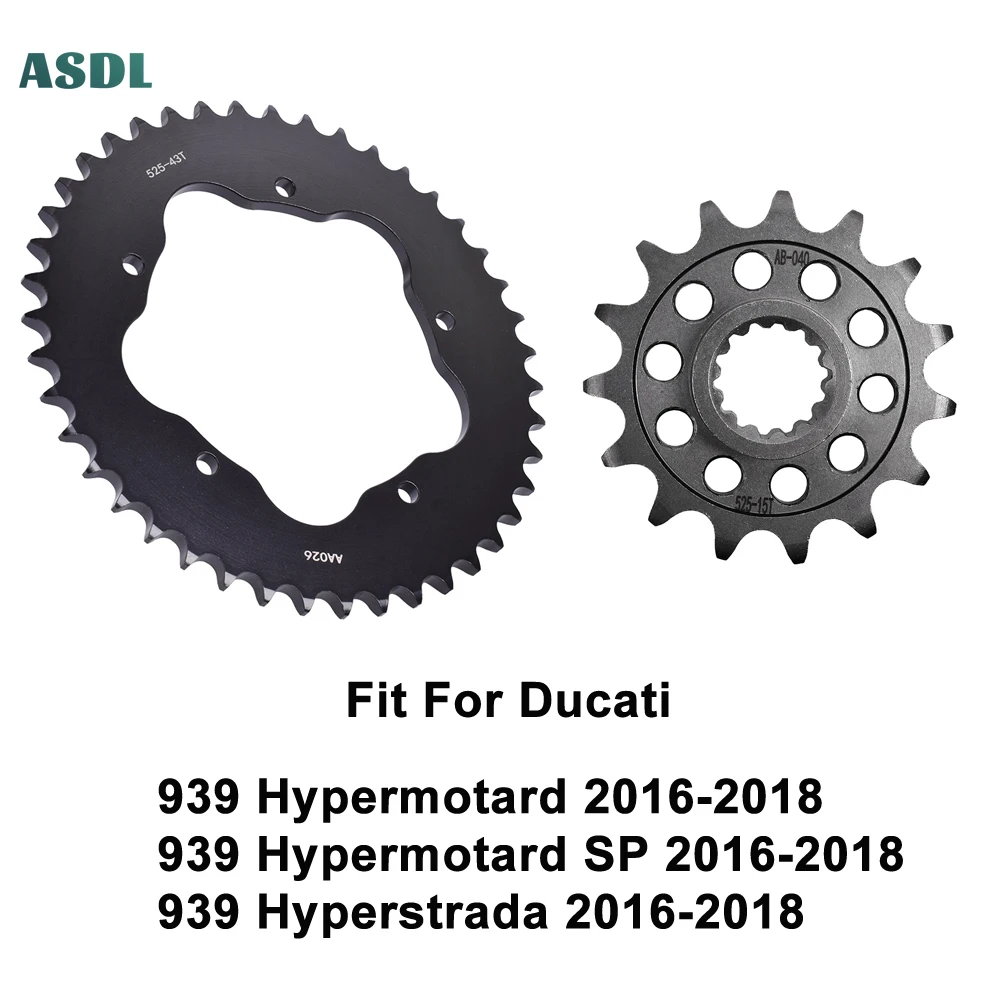 525 43T 15T Motorcycle Front and Rear Carburized Steel Sprockets for Ducati 939 Hypermotard SP 16-18 939 Hyperstrada 2016-2018