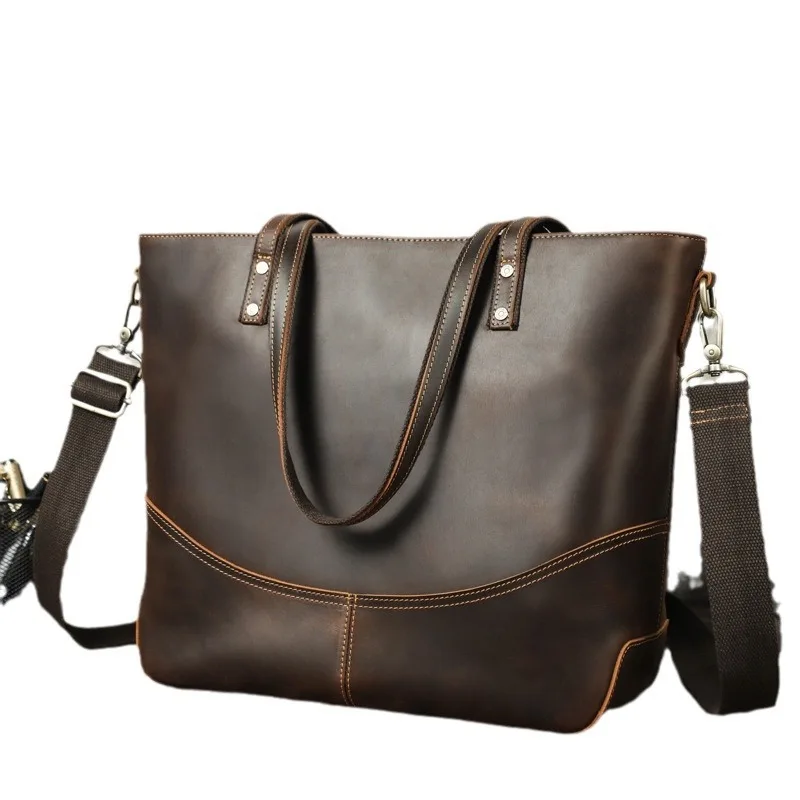 Fashion Suitable 14.2-inch Laptop Computer Large Capacity Cowhide Handheld One Shoulder Crossbody Bag Briefcase Leather Men Bags