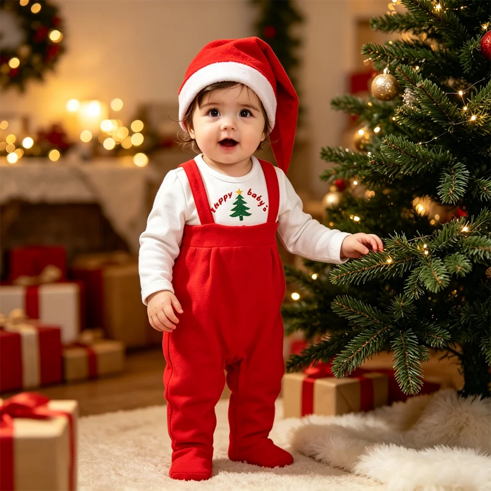 Baby Girls Boy 2Pcs Christmas Outfit Long Sleeve Red Footed Romper with Hat Newborn Infant Xmas Santa Claus Party Clothes