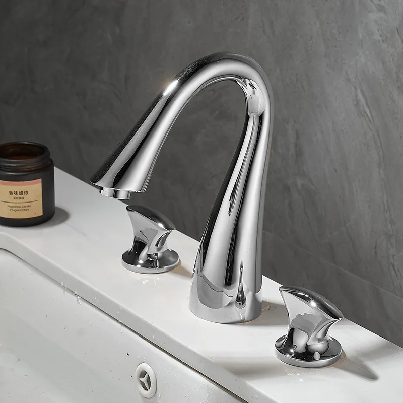 Luxury-luxurious gold-colored brass basin with three-hole cold and hot water faucet, split unit set of three pieces