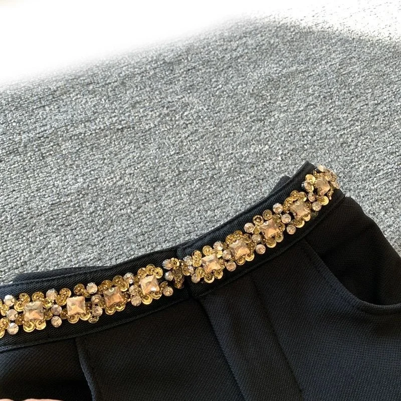 موضة جديدة سليم متوهج السراويل النساء الخريف عالية الخصر رقيقة الماس جيب جرس قيعان دعوى بنطلون الملابس النسائية