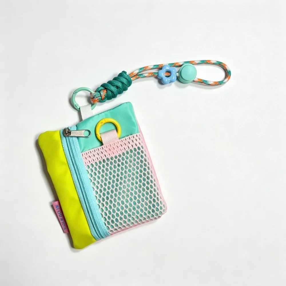 Creative Contrasting Mesh Key Coin Purse Zipper with Lanyard Storage Pouch Lightweight Portable Card Bag for Commute Travel Use