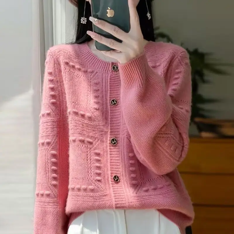 

Spring Autumn 2025 New Knitted Cardigan Jacket for Women Loose Short Long-sleeved Round Neck Sweater Top