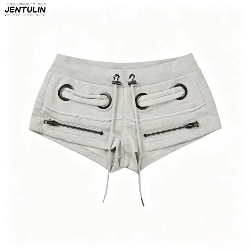 Retro Spice Girl Style Grey Zipper Drawstring Shorts Design Sense Low Waist Hip Wrap A Word Super Shorts Harajuku Slim Fit Women