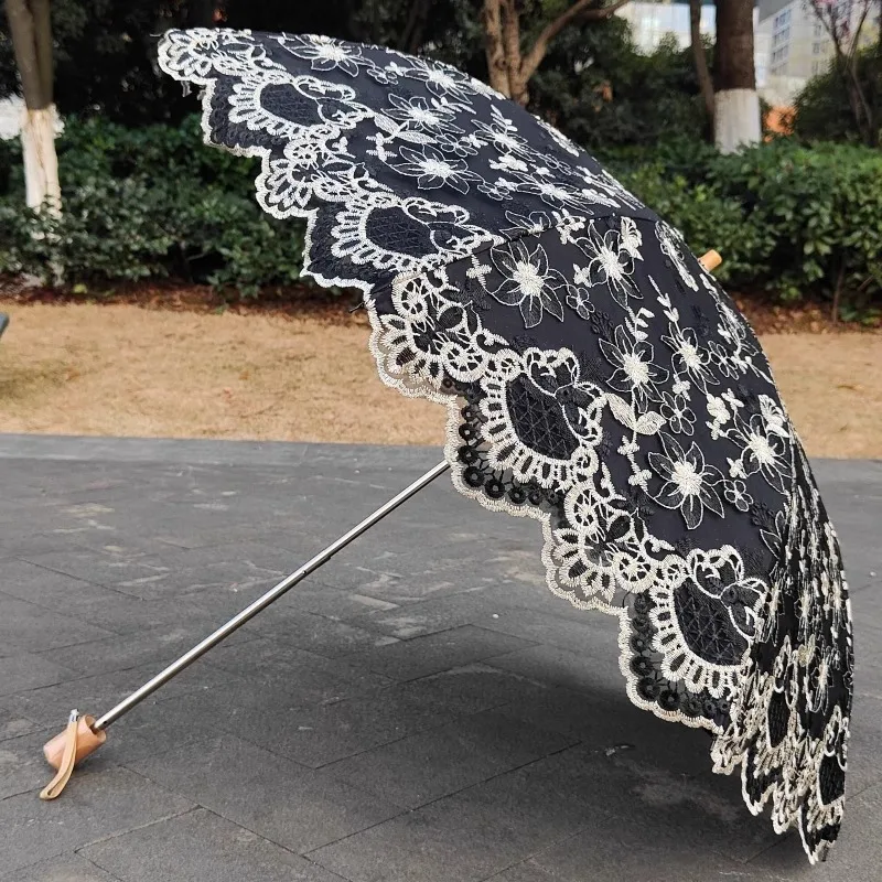 

High End Embroidery Flower Sun Umbrella, Black Rubber Double-layer Anti UV, Sun Protection, Rain And Sun Dual-use Black Umbrella