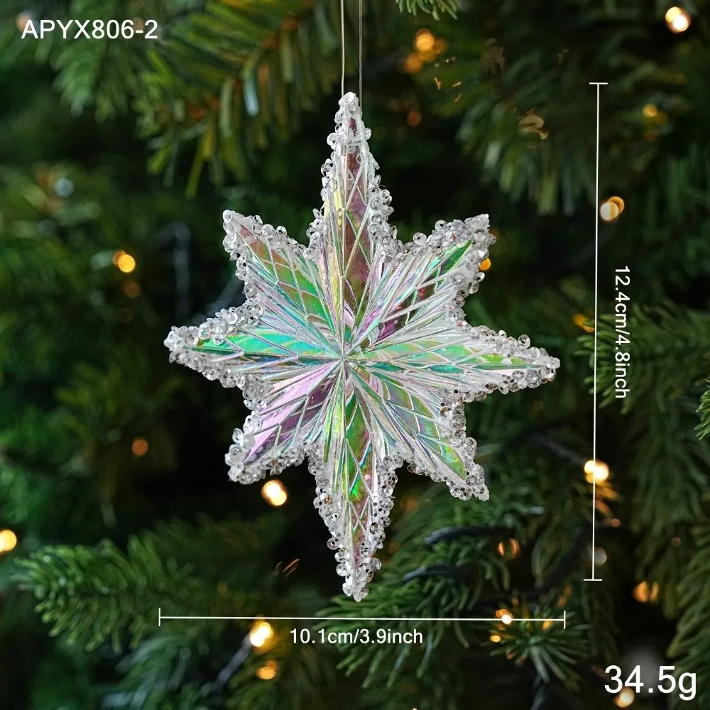 Plastic Star Ornament Iridescent Finish Bead Edge Christmas Tree Pendant Explosion Star Shape Hanging String Festive Star Hanger