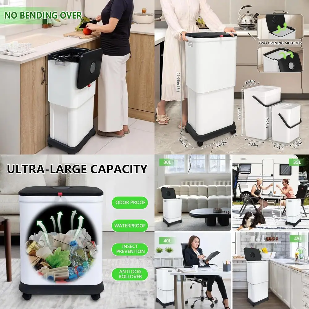 

Adjustable 20-45L Kitchen Trash Can with Lid, 2 Hanging Bins, 13 Gallon Wheeled Garbage Bin for Home & Office