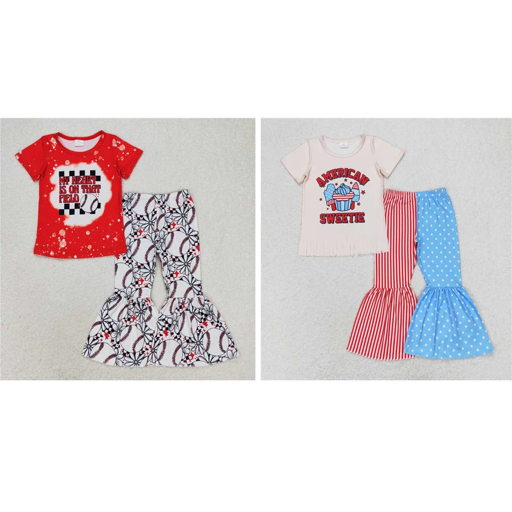 

wholesale hot sale western boutiuqe baby girls clothes Letter baseball flower black and white checkered red short sleeve outfits