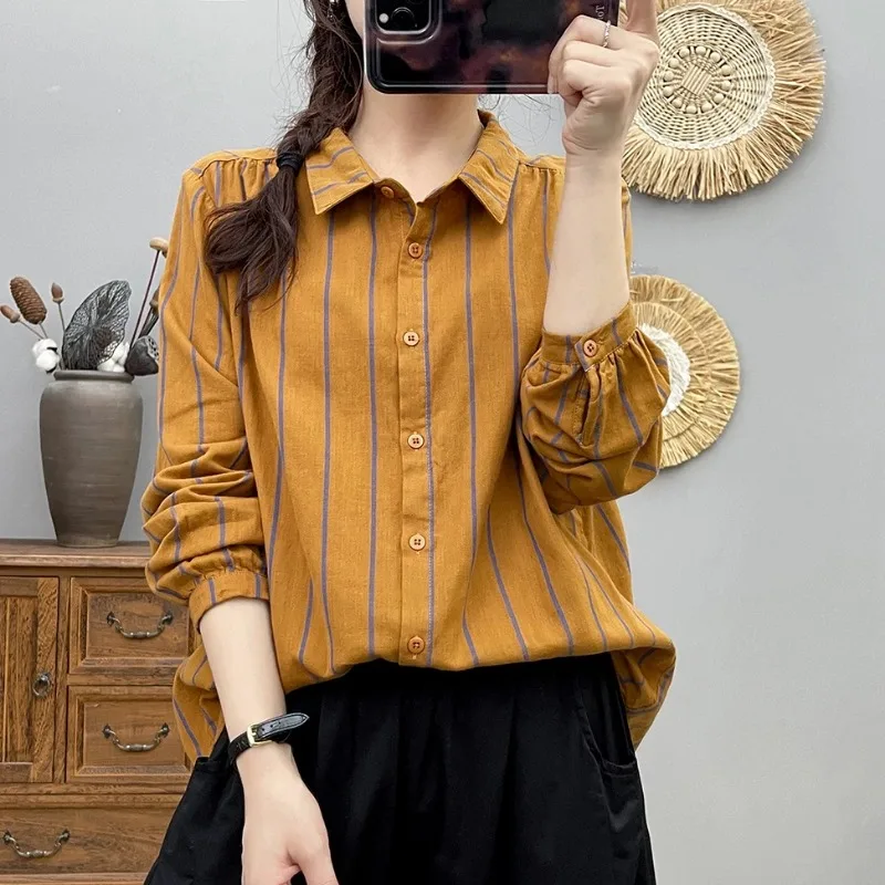 Literary Women Striped Double Cotton Gauze Long Sleeve Shirt Lapel Loose Fresh Casual Blouse Spring Autumn S-XXL