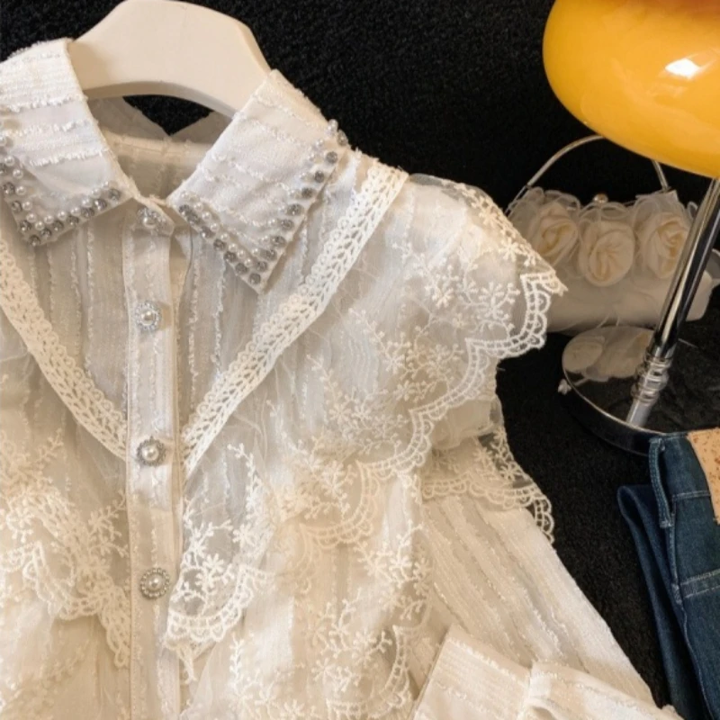 Muse Royal Sister Fan Lace Diamond Belt Diamond Chiffon Shirt Court Commuter OL White Collar Fried Street Top Urban Temperament